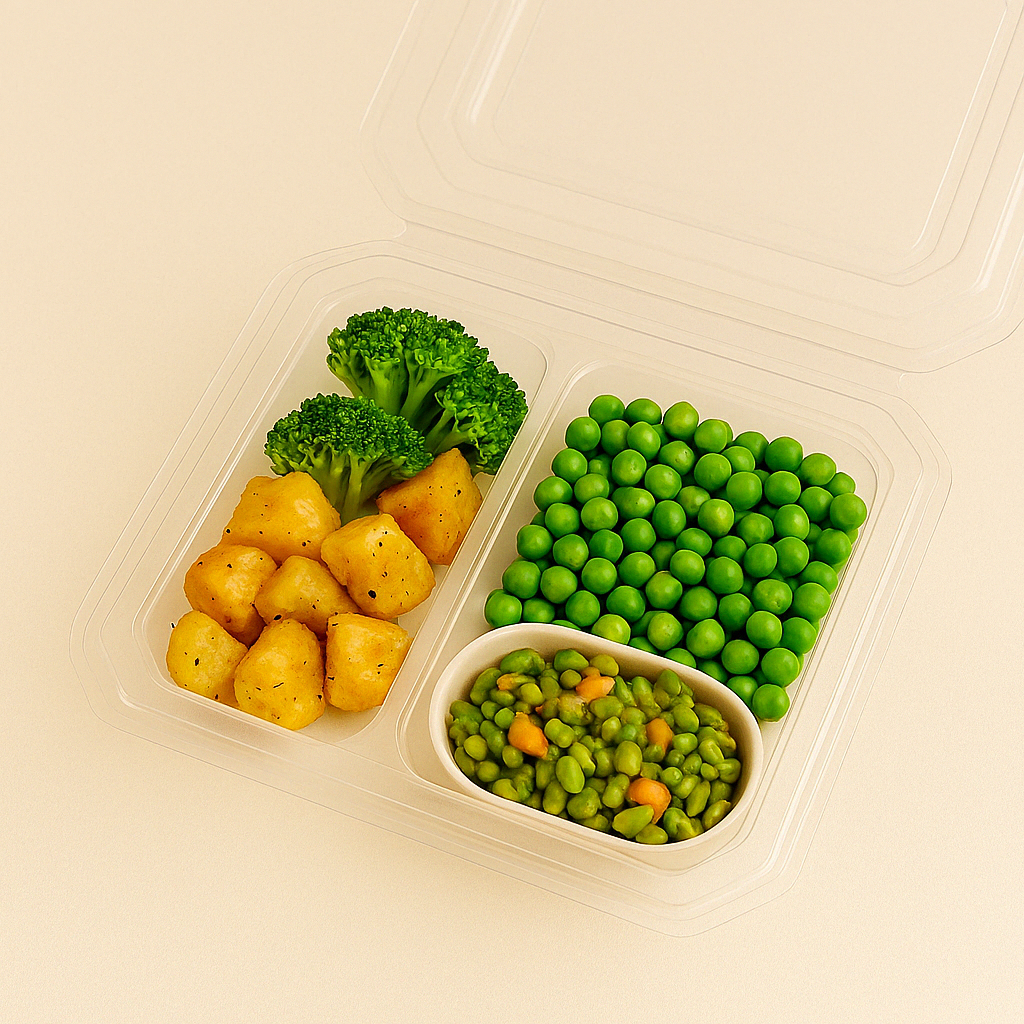 Vaschetta trasparente, due scomparti, porta alimenti con piselli patate cavoli e soia edamame 