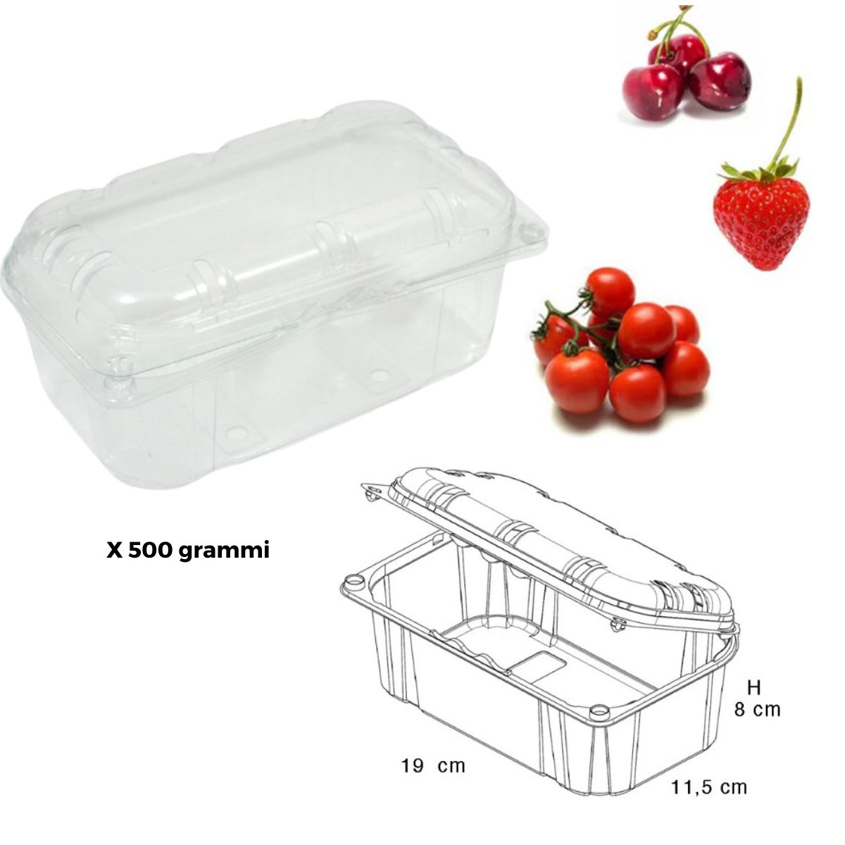 Vaschetta per frutta con coperchio, vuota e chiusa, con suo disegno tecnico e grappolino di pendolini, una fragola e 3 ciliegie