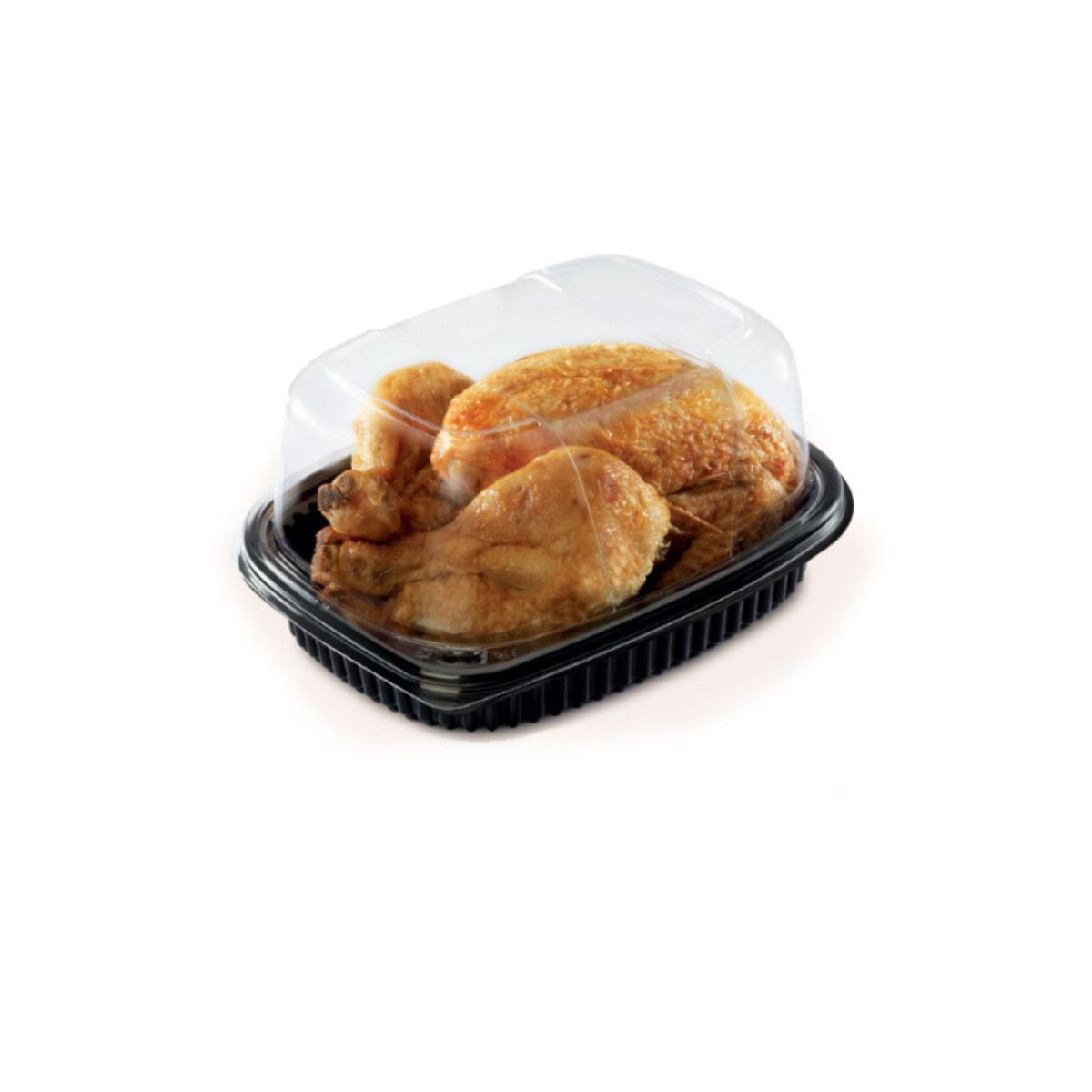 Vaschetta per pollo con base nera, cupola trasparente e all'interno un pollo arrosto