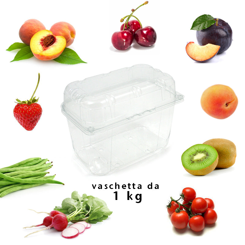 Vaschetta frutta trasparente vuota, con coperchio, circondata da frutta e scritta vaschetta da 1 kg
