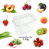 Vaschetta frutta trasparente vuota, con coperchio, circondata da frutta e scritta vaschetta da 1 kg
