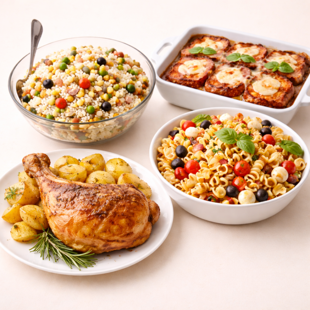 Quattro piatti da gastronomia: pollo arrosto e patate, insalata di cous cous , lasagne e pasta fredda