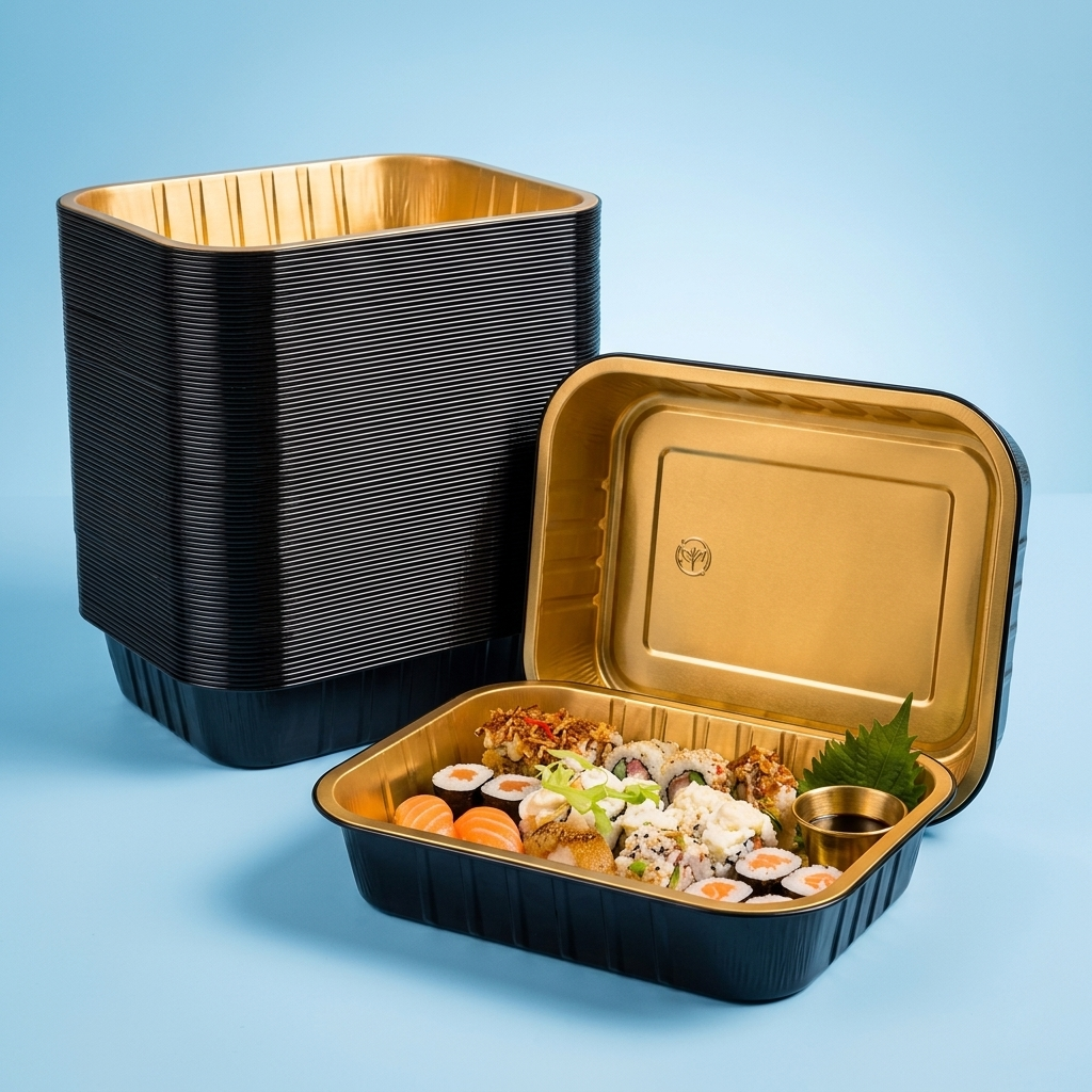 Vaschette di alluminio nere con interno color oro impilate ed una mostrata piena di sushi 