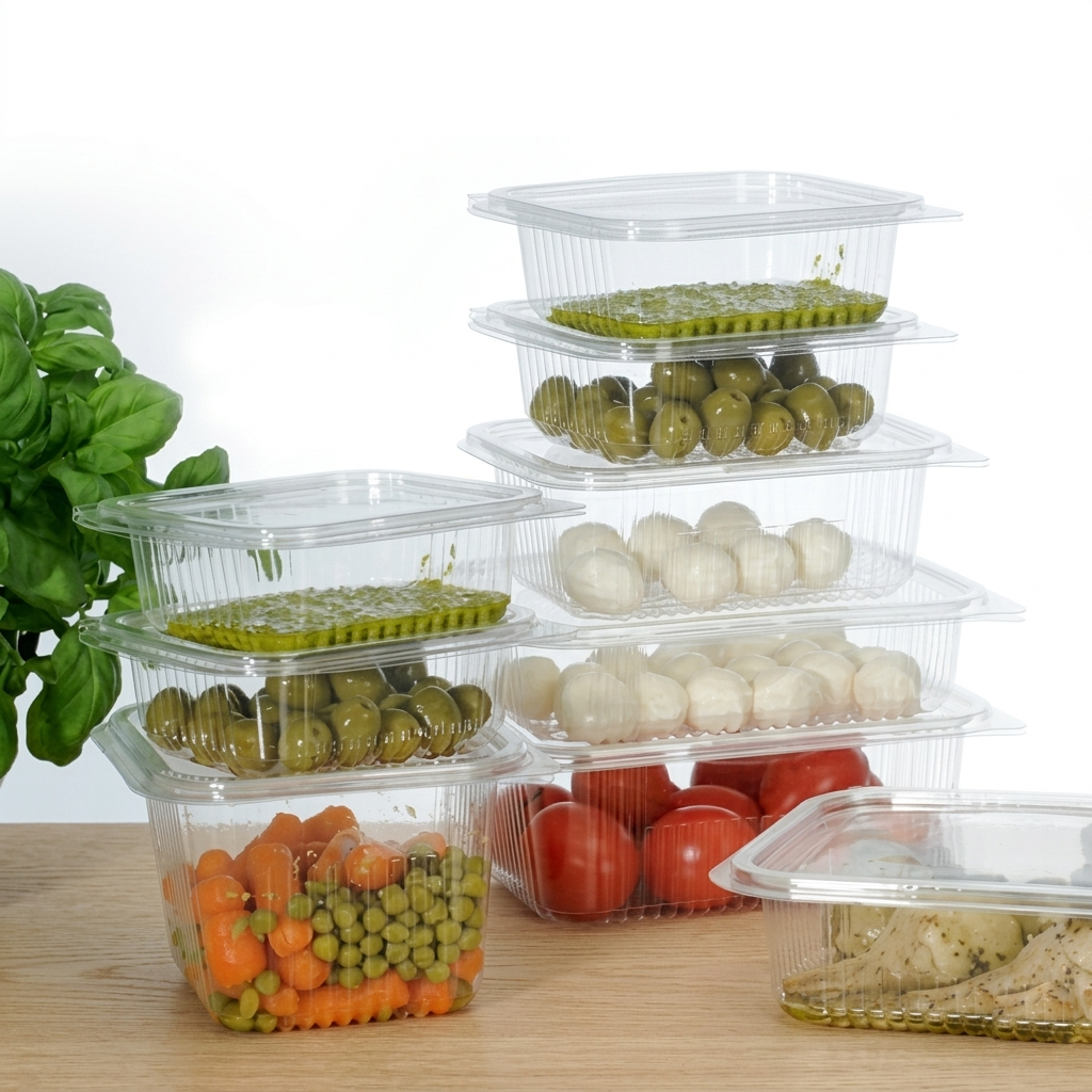Vaschette trasparenti con coperchio impilate piene di cibo 