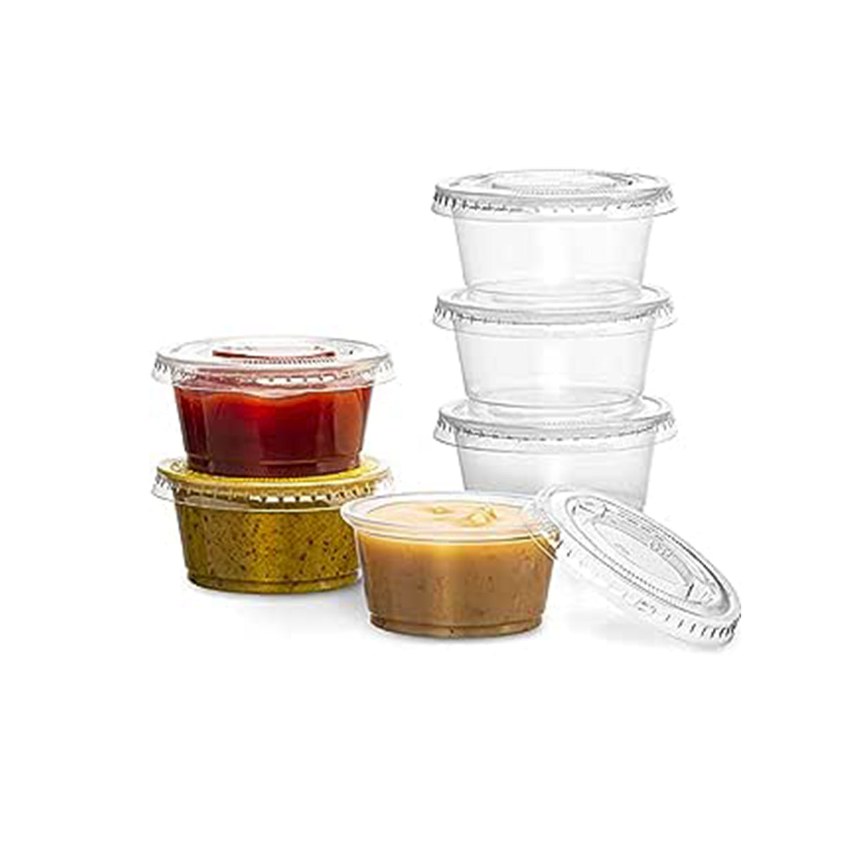 Vaschette per salsa impilate, alcune vuote alcune piene 