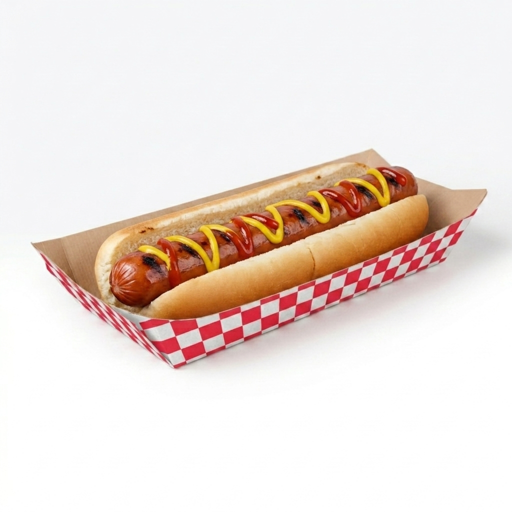 Vaschetta di carta a scacchi bianchi e rossi con dentro un hot dog