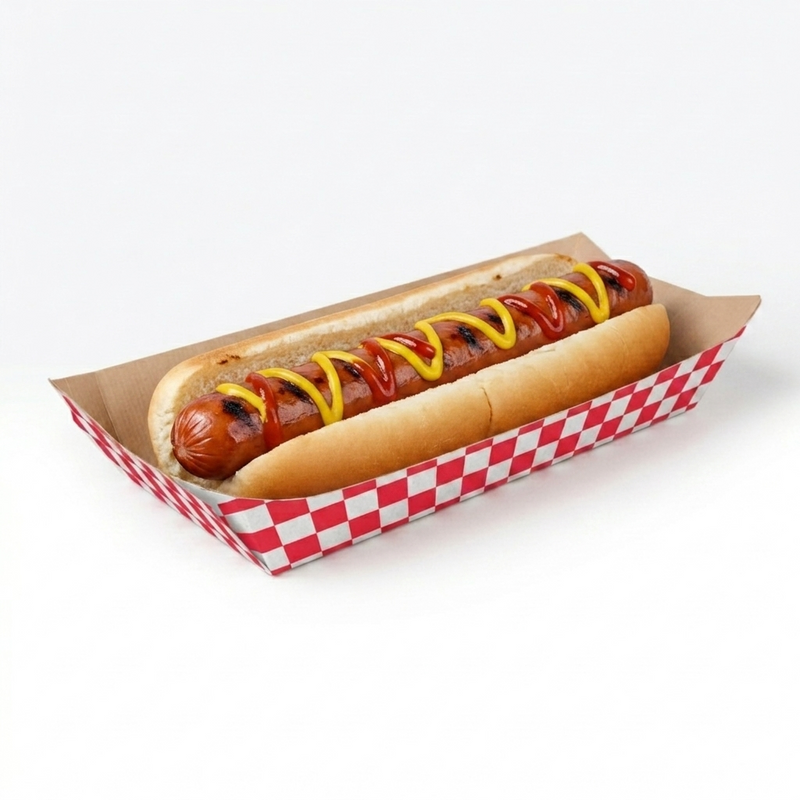Vaschetta di carta a scacchi bianchi e rossi con dentro un hot dog