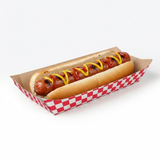 Vaschetta di carta a scacchi bianchi e rossi con dentro un hot dog