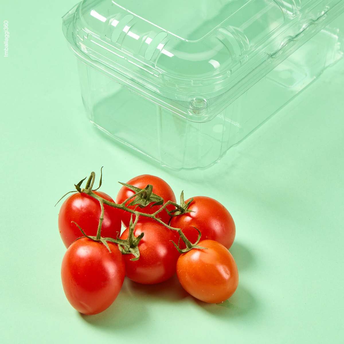 Vaschetta trasparente per frutta e verdura, dettaglio vuota e chiusa, su sfondo verde con pomodorini