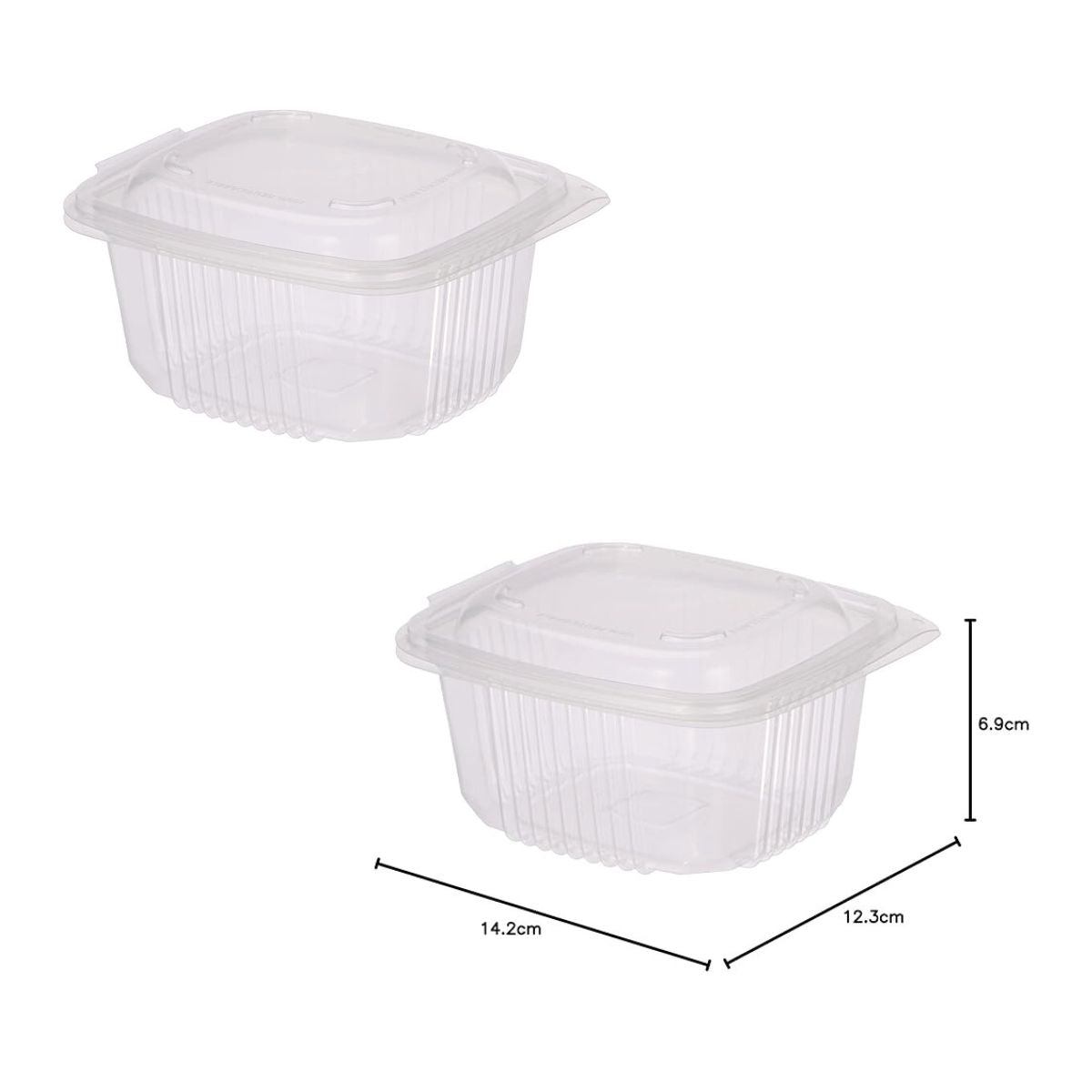 Vaschetta di plastica trasparente chiusa mostrata con le sue misure e senza