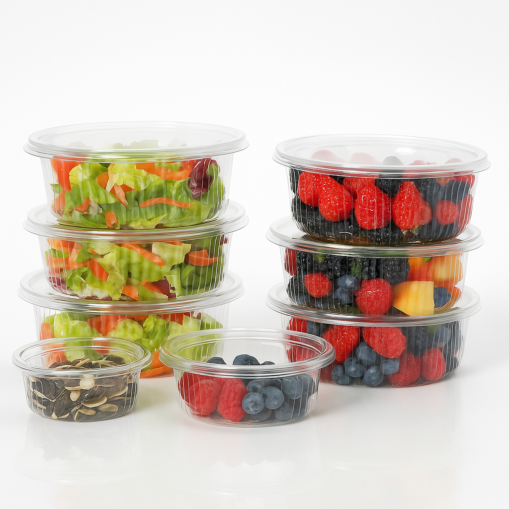 Vaschette trasparenti per cibo, in plastica, impilate ripiene di frutti di bosco e insalata.