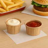 Vaschette per salsa color avana. Una contenente maionese ed una ketchup su una tavola dove si intravede un hamburger e delle patatine fritte