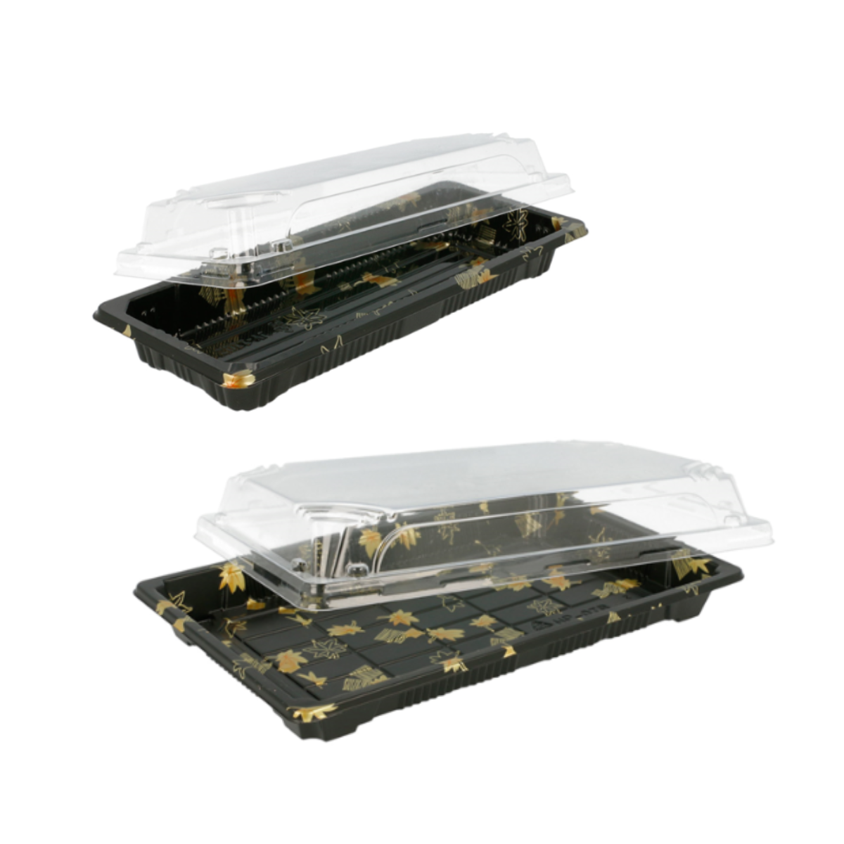 Vaschetta per il sushi con base nera decorata, mostrata con coperchio trasparente in due diverse misure 
