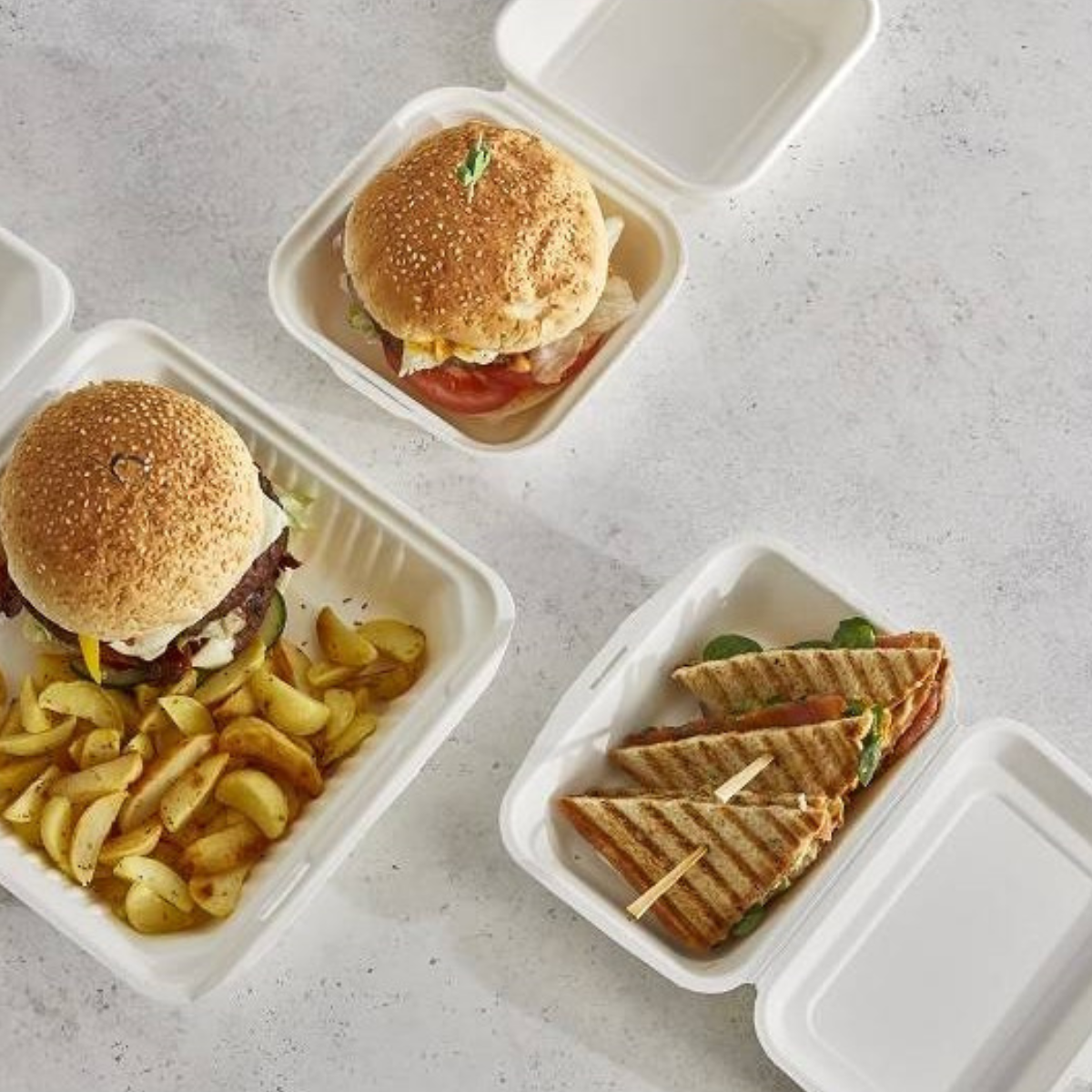 Vaschette in polpa di cellulosa, vari formati, aperte e con dentro cibo fast food 