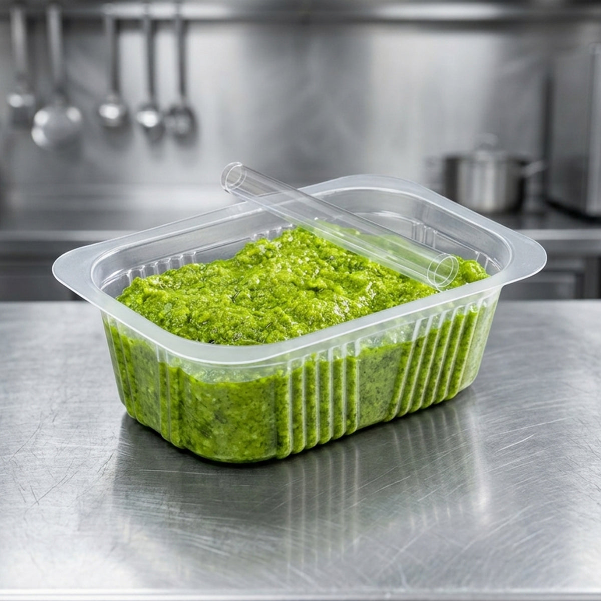 Vaschetta termosaldabile trasparente con dentro del pesto su un tavolo di metallo