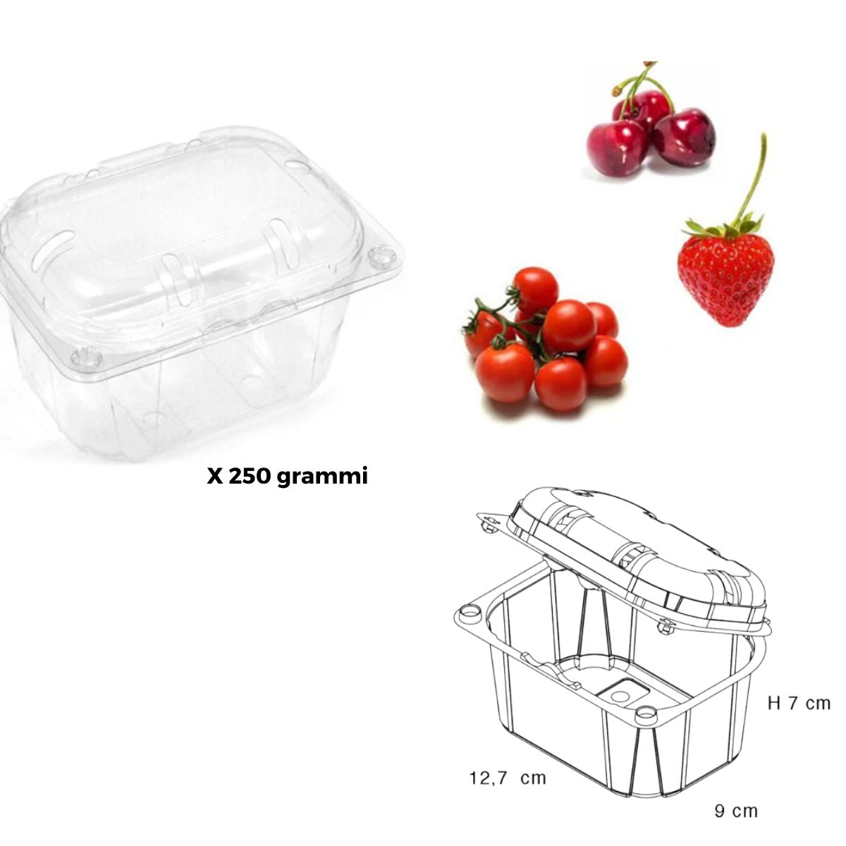 Vaschetta per frutta con coperchio, vuota e chiusa, con suo disegno tecnico e grappolino di pendolini, una fragola e 3 ciliegie