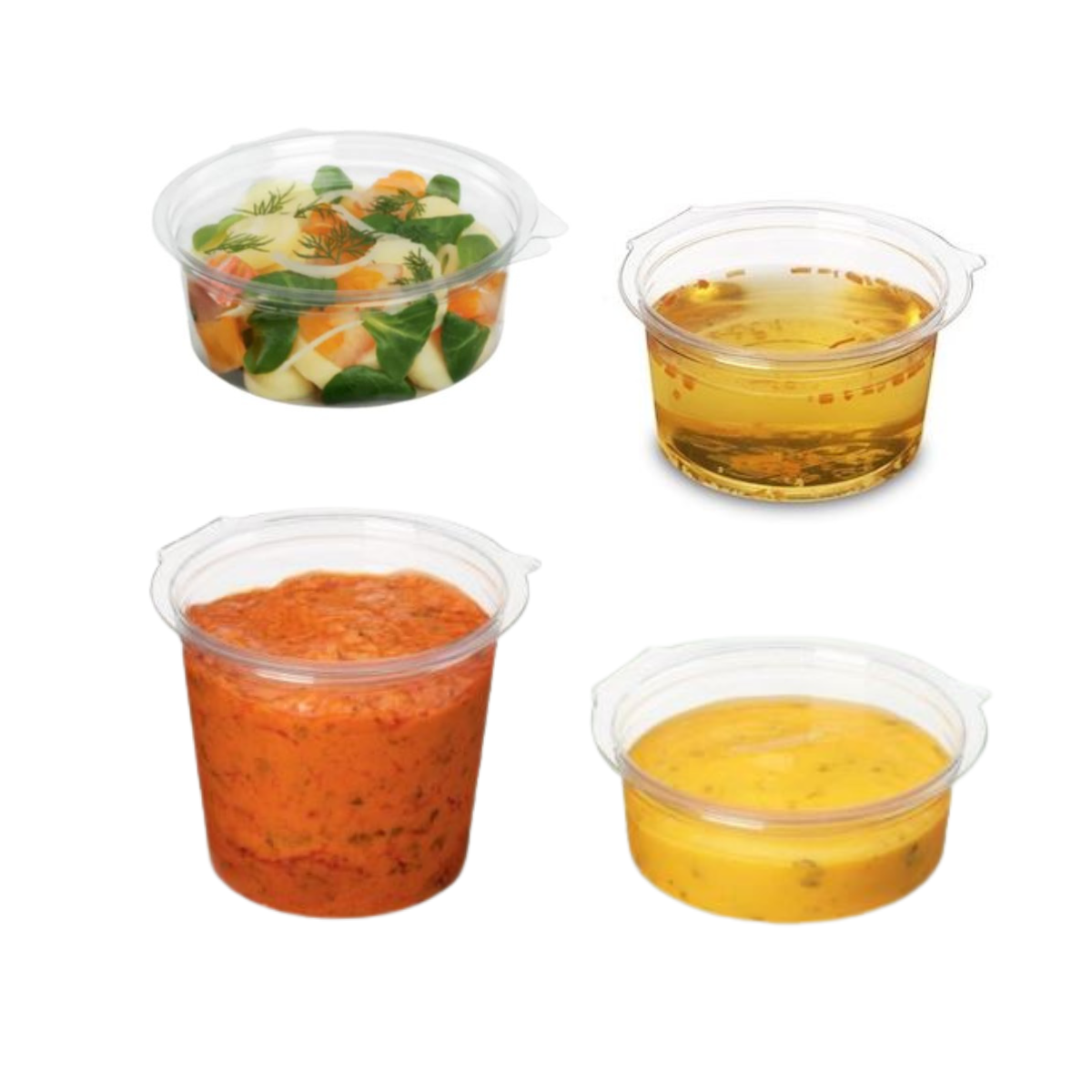 Vaschette trasparenti tonde per salse mostrate pieni di salse e sughi, chiuse, di diverse dimensioni
