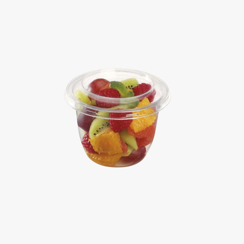Vasetto per yogurt completo di tappo, trasparente, ripieno di macedonia di frutta