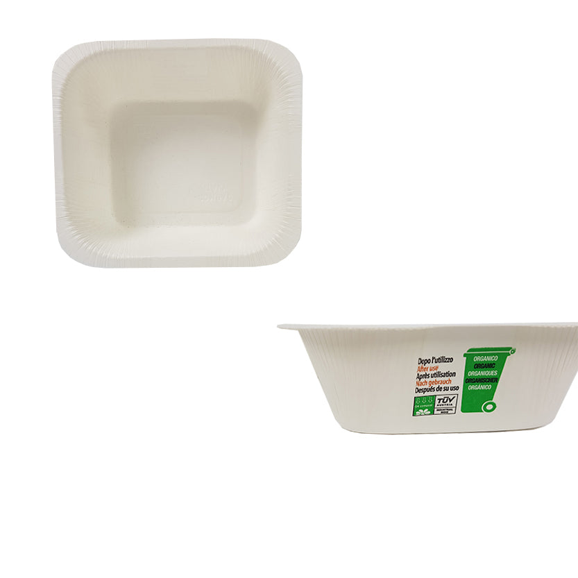 Vassoietto bianco compostabile mostrato da sopra e di lato 