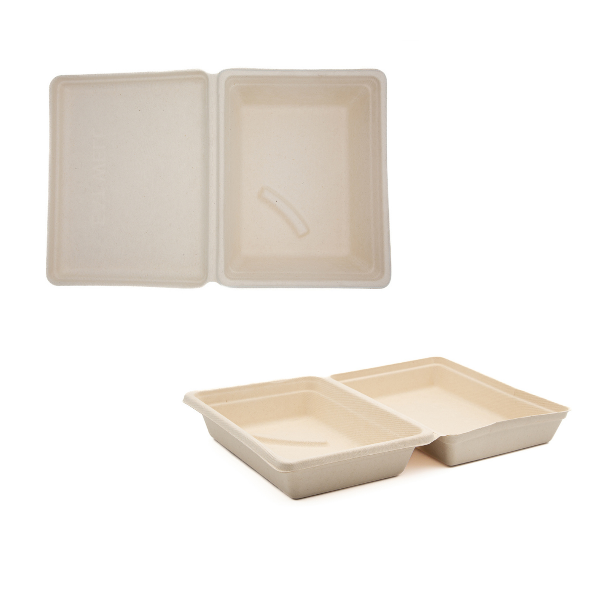 Vassoio con coperchio per asporto, mostrato da sopra e da lato