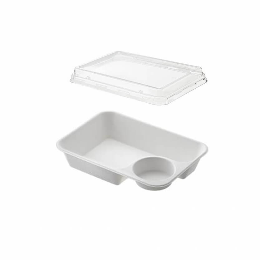 Vassoio con scomparto per salsa, e coperchio di plastica 