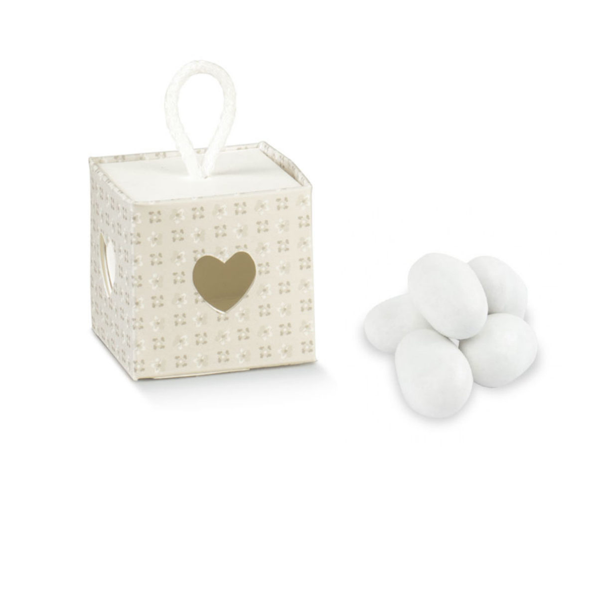 Scatola con finestra a cuore porta confetti e confetti bianchi 