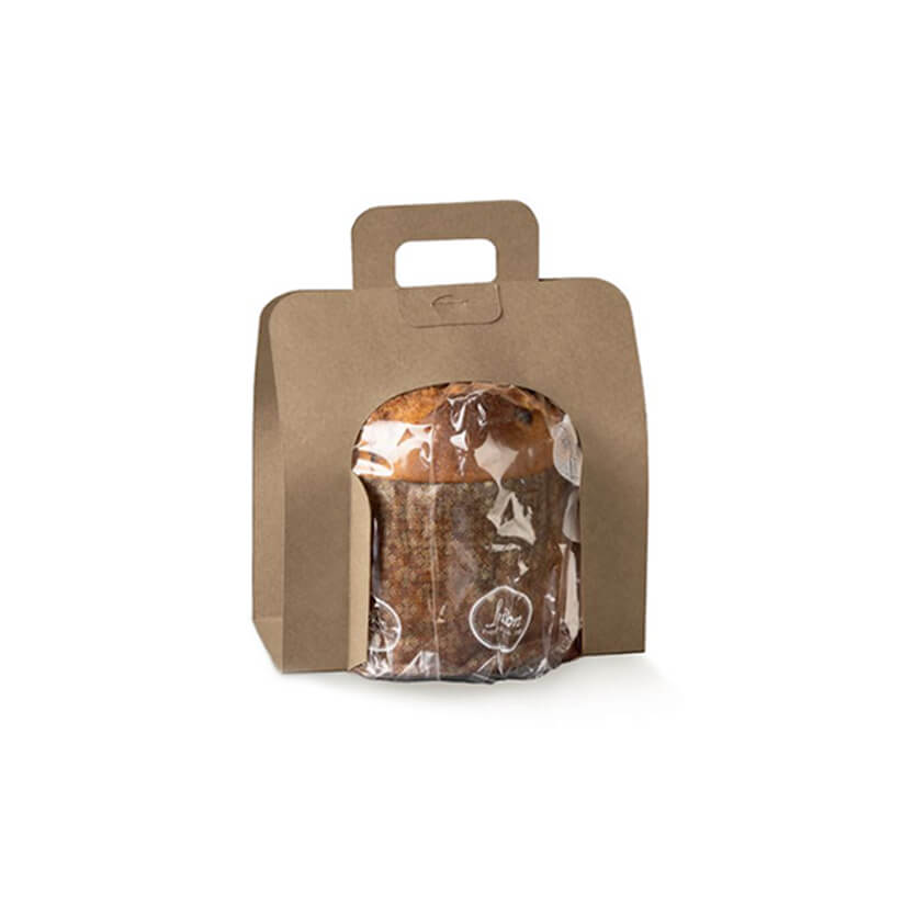 Confezione di carta color avana porta panettone con manico senza lati 