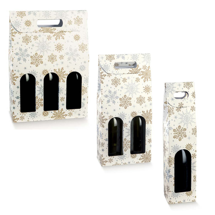 Confezioni porta bottiglie di vino, da uno, due e tre con finestre, bianche con fantasia fiocchi di neve oro e argento 