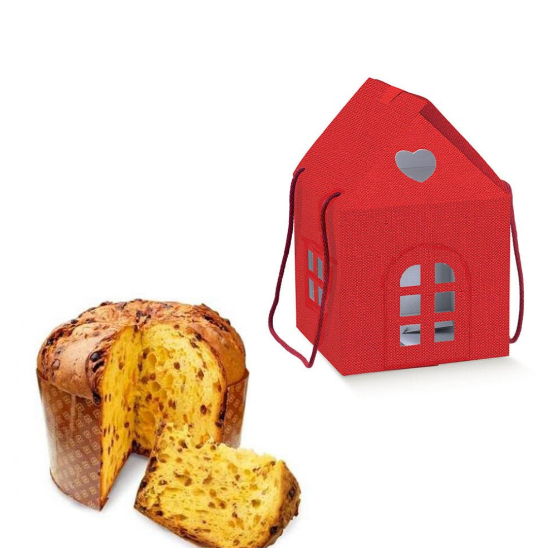 Casetta rossa porta panettone e panettone tagliato 
