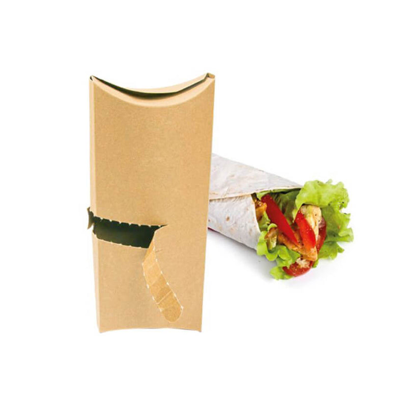 Porta piada rettangolare da asporto cartoncino avana e piadina arrotolata vicino 