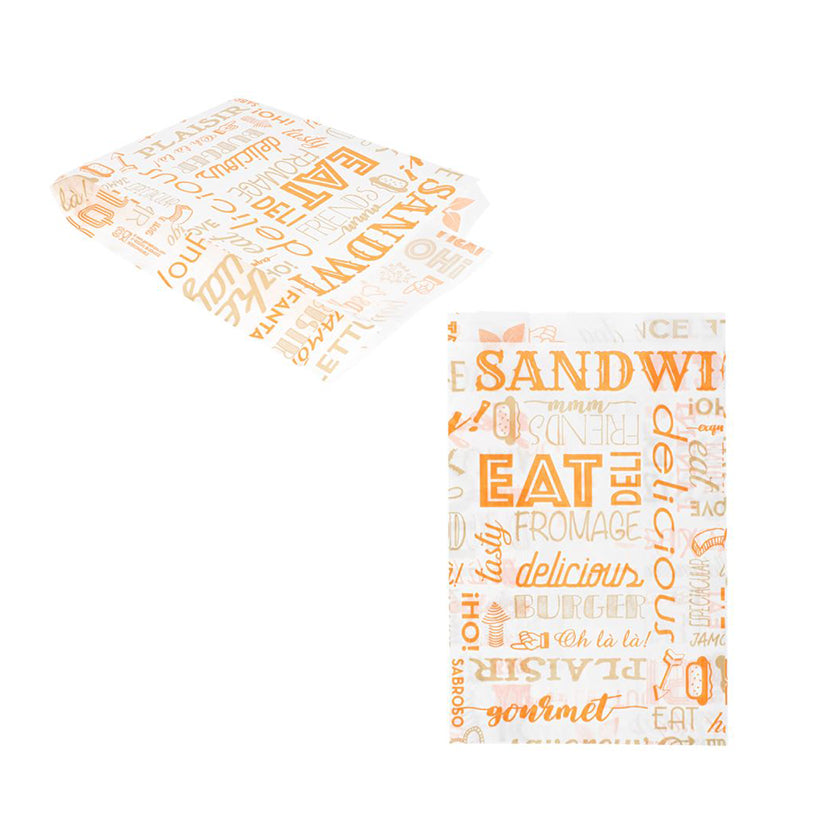 Busta di carta per sandwich, bianca con scritte arancioni
