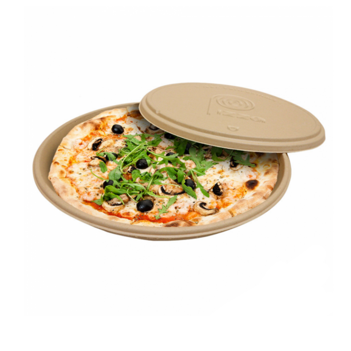 Piatto per pizza con pizza dentro e coperchio 