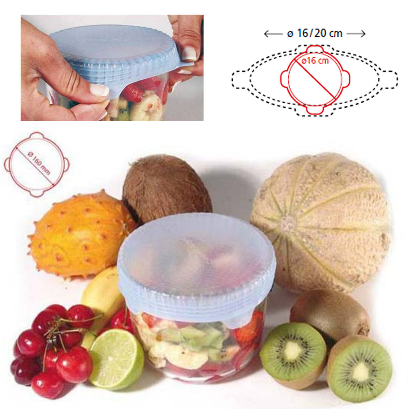 vasetto i plastica con coperchio elasticizzato, pieno di frutta, tra frutta e mano che mostra come chiuderlo