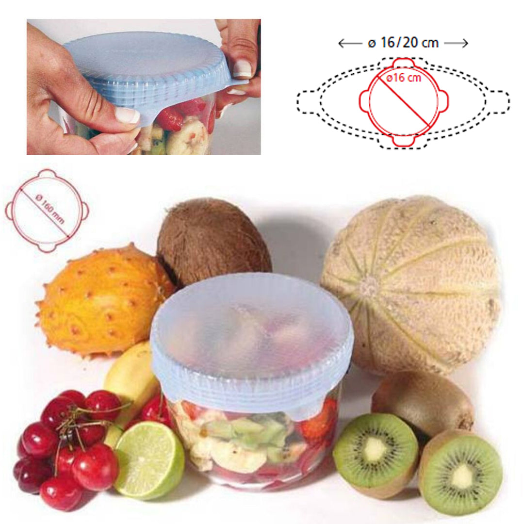 vasetto i plastica con coperchio elasticizzato, pieno di frutta, tra frutta e mano che mostra come chiuderlo
