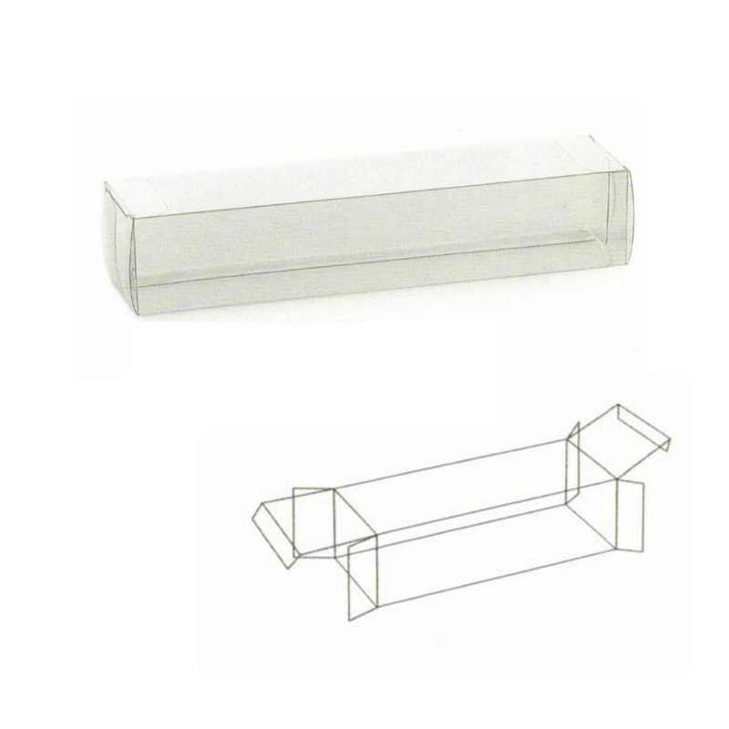 Tubo di plastica trasparente rettangolare e suo disegno 