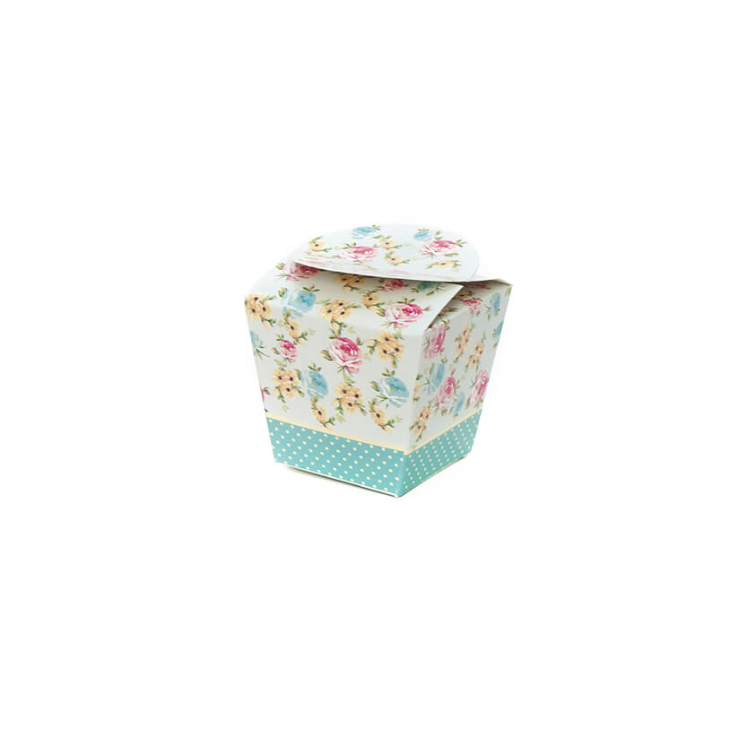 Scatola per bomboniera quadrata con fiori e base azzurra a pois bianchi 