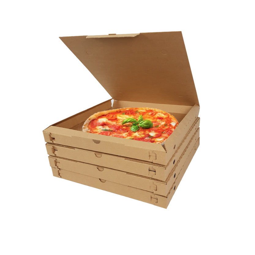 Scatole di cartone impilate la prima aperta con dentro una pizza