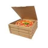 Scatole di cartone impilate la prima aperta con dentro una pizza