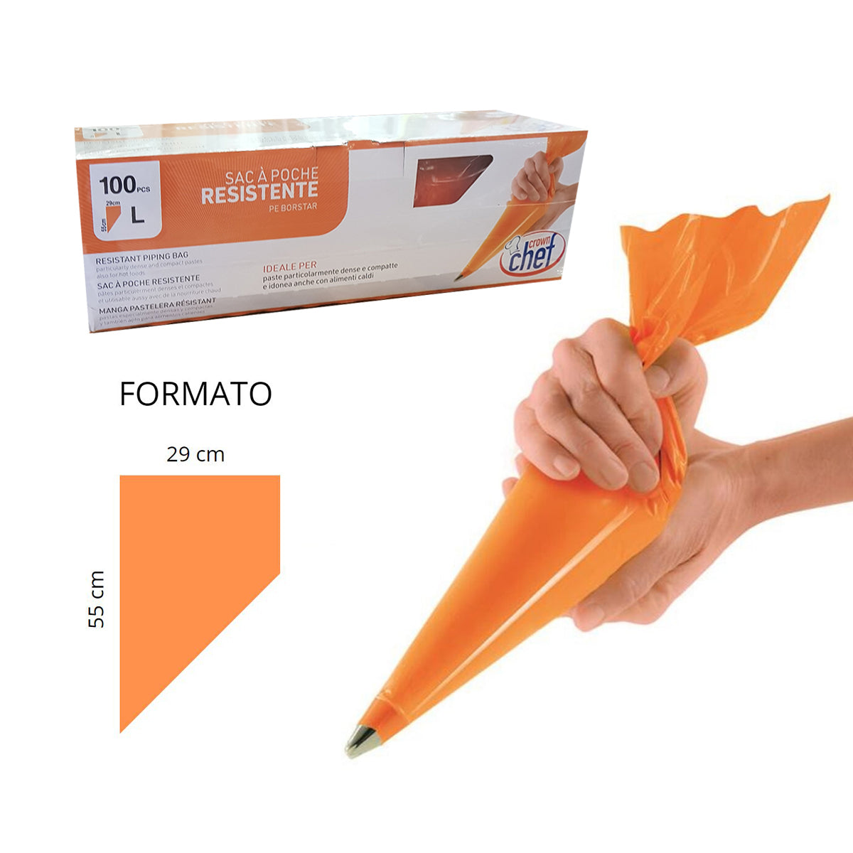 Sac a poche arancione tenuto in mano e sua confezione 