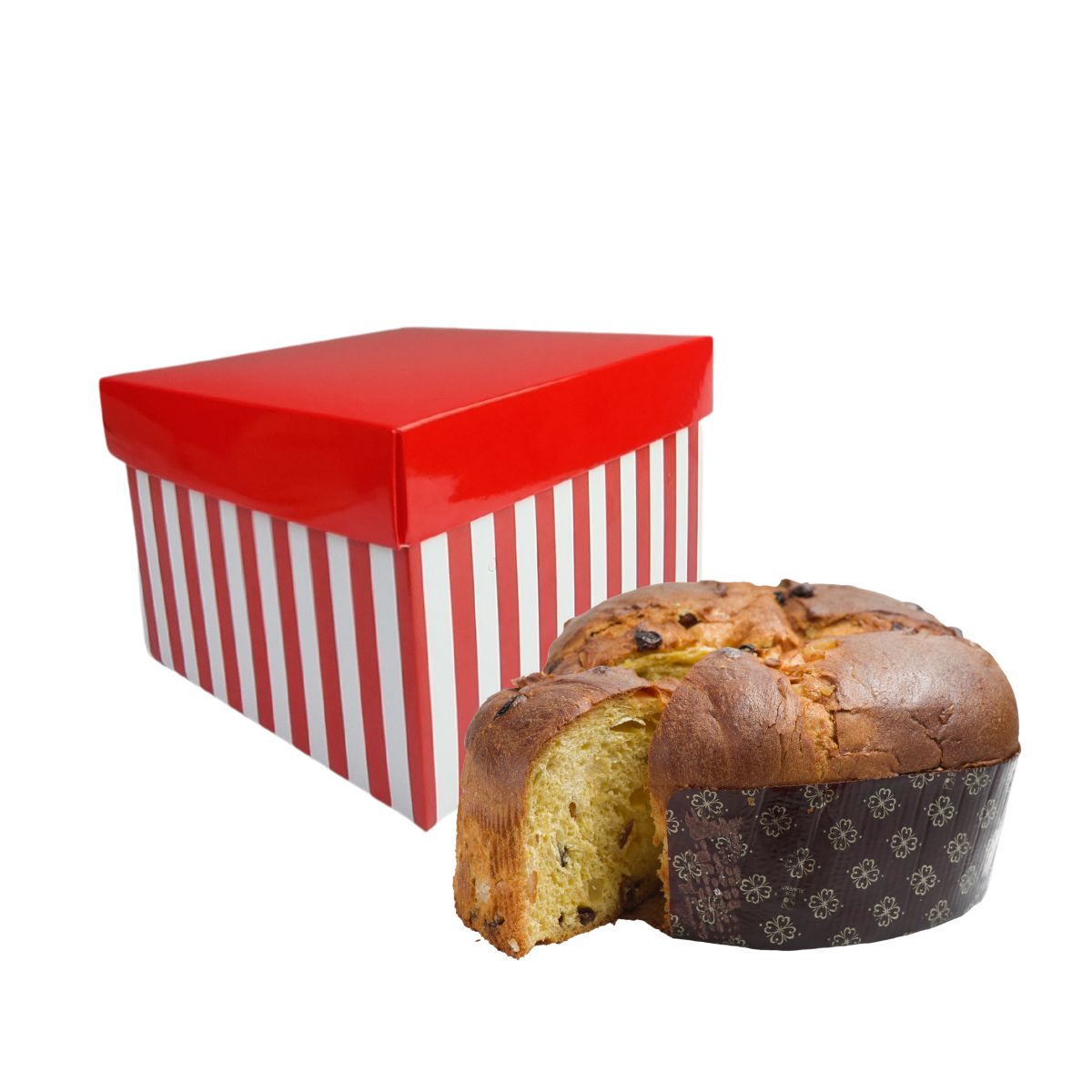 Scatola porta panettone basso a righe bianco rosse e coperchio rosso e panettone basso 