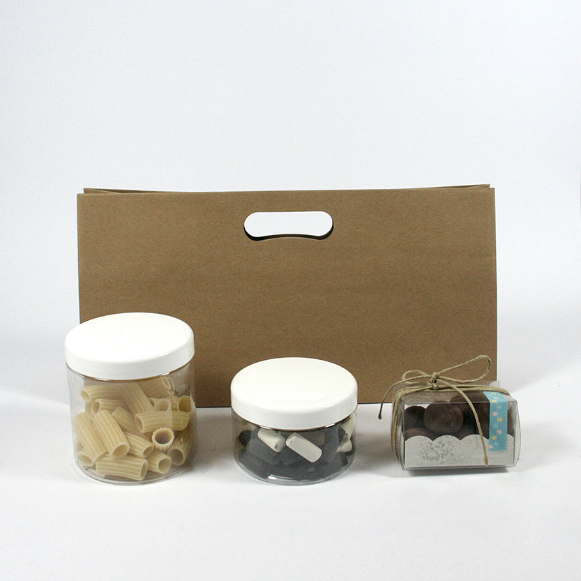 Shopper rettangolare color avana manico a fagiolo e tre vasetti pieni 