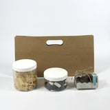 Shopper rettangolare color avana manico a fagiolo e tre vasetti pieni 