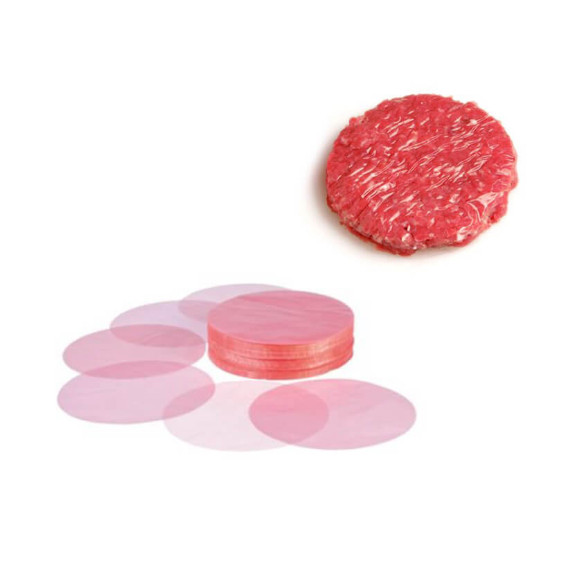 Dischi di plastica per hamburger mostrati all'uso, impilati e nella confezione 