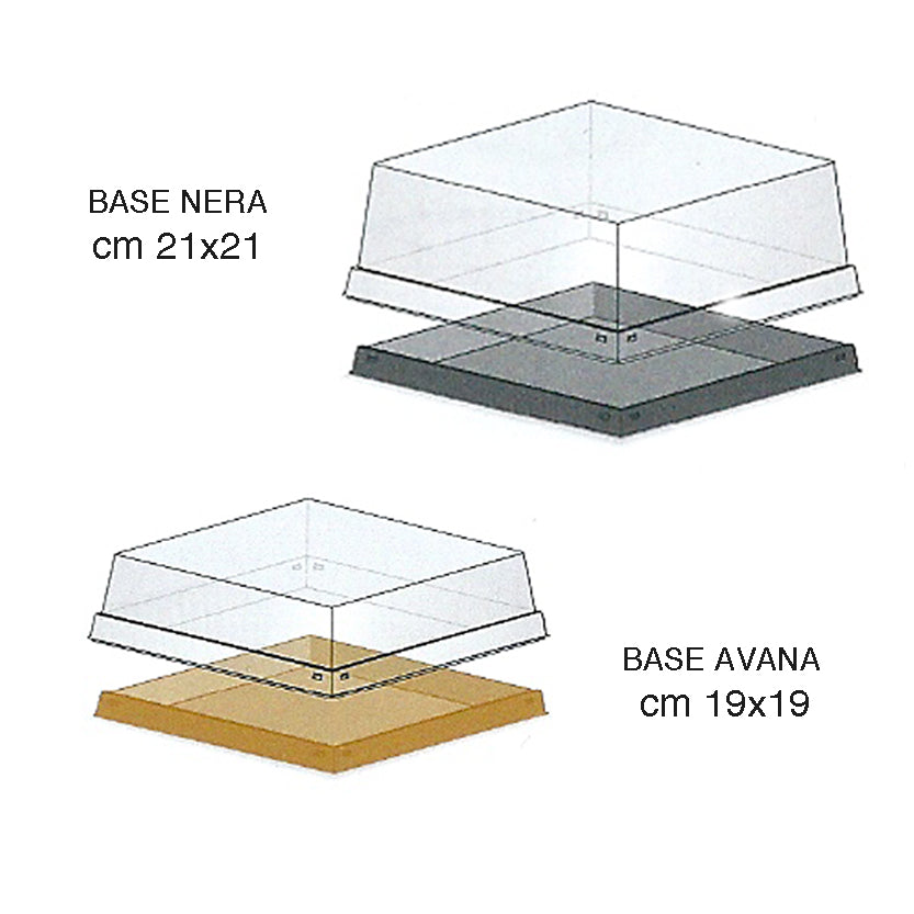 Disegno di porta torta quadrato con coperchio trasparente, uno base avana ed uno base nera