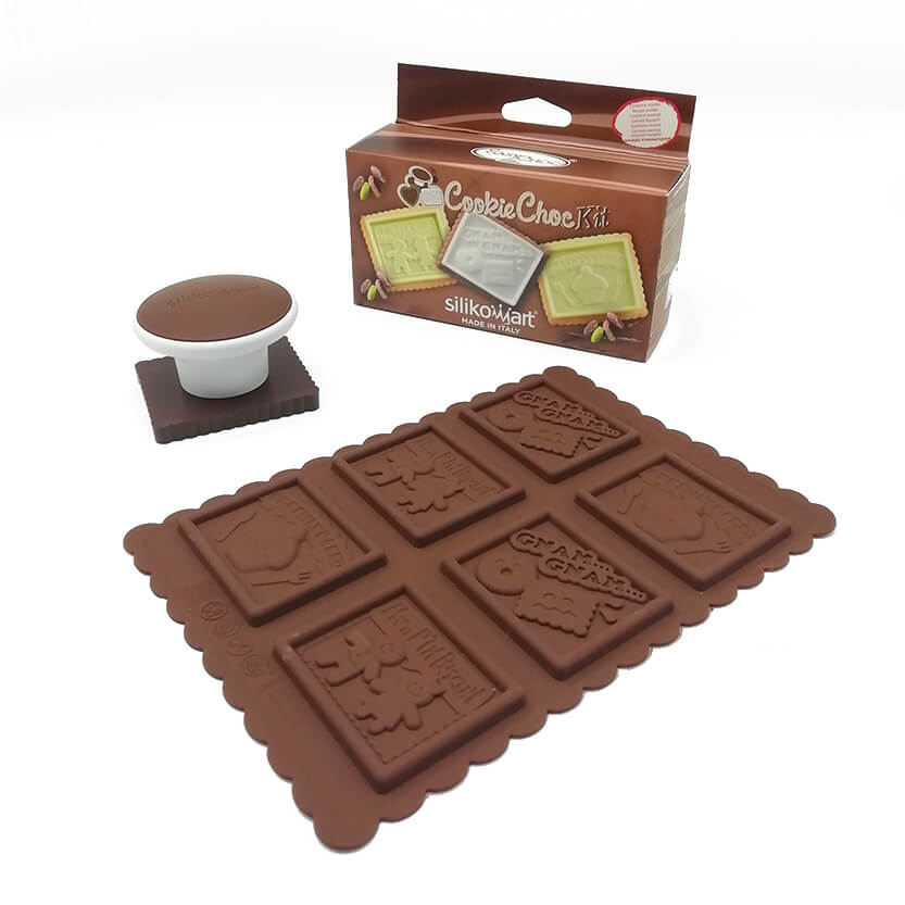 Stampo per biscotti a cioccolato, mostrato fuori e sua confezione