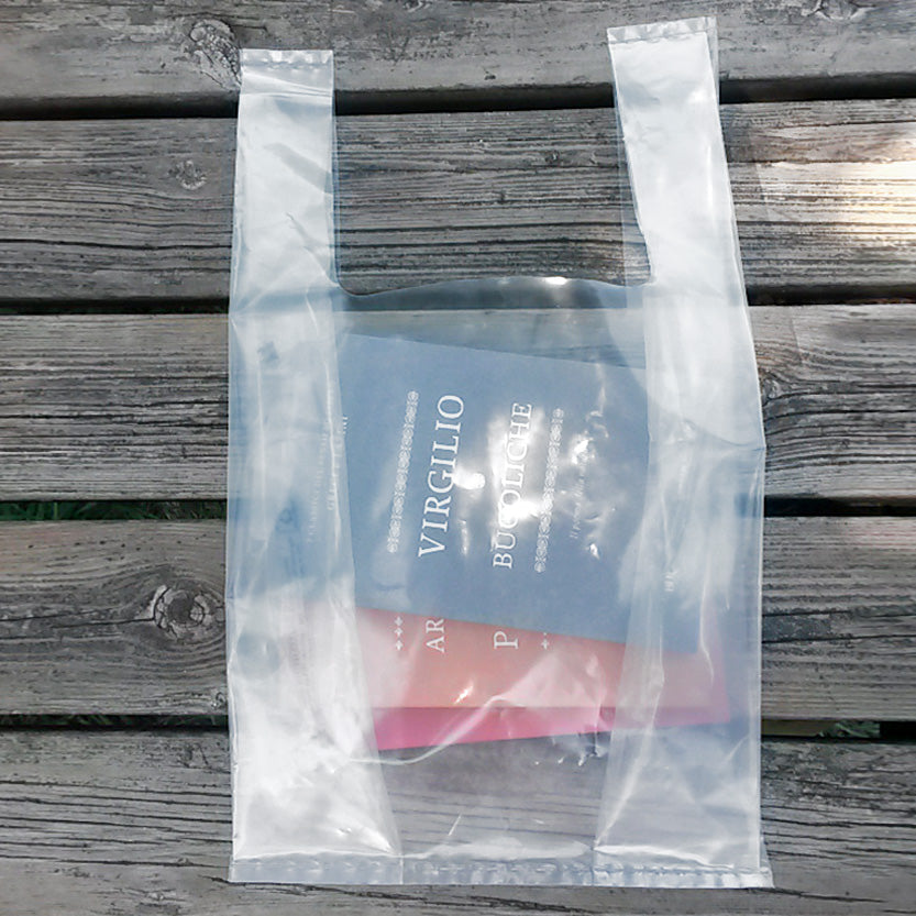 Shopper di plastica trasparente con libro dentro appoggiata su un tavolo di legno 