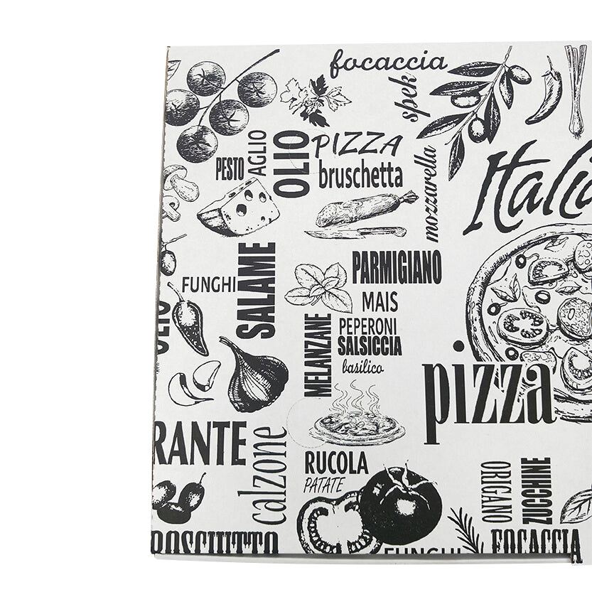 Dettaglio scatola pizza bianca con scritte nere