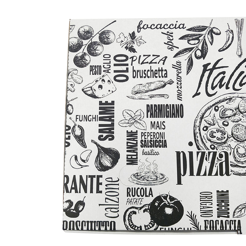 Dettaglio scatola pizza bianca con scritte nere