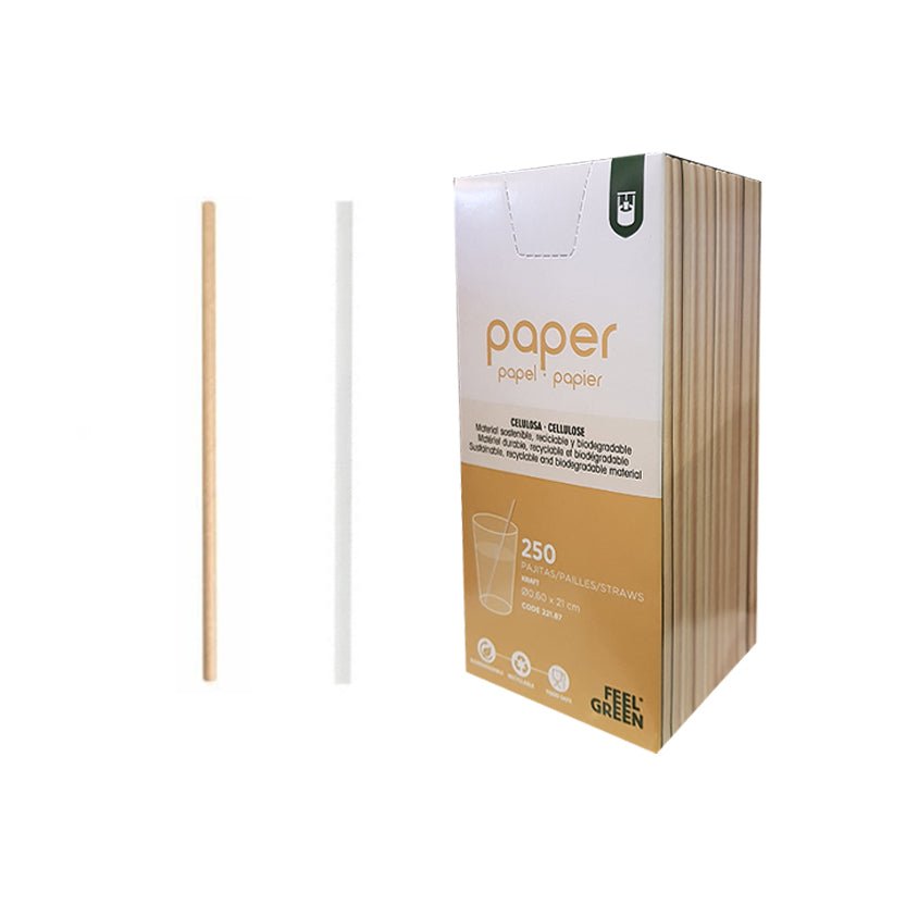 Cannuccia di cellulosa mostrata singolarmente, imbustata e confezione da 250