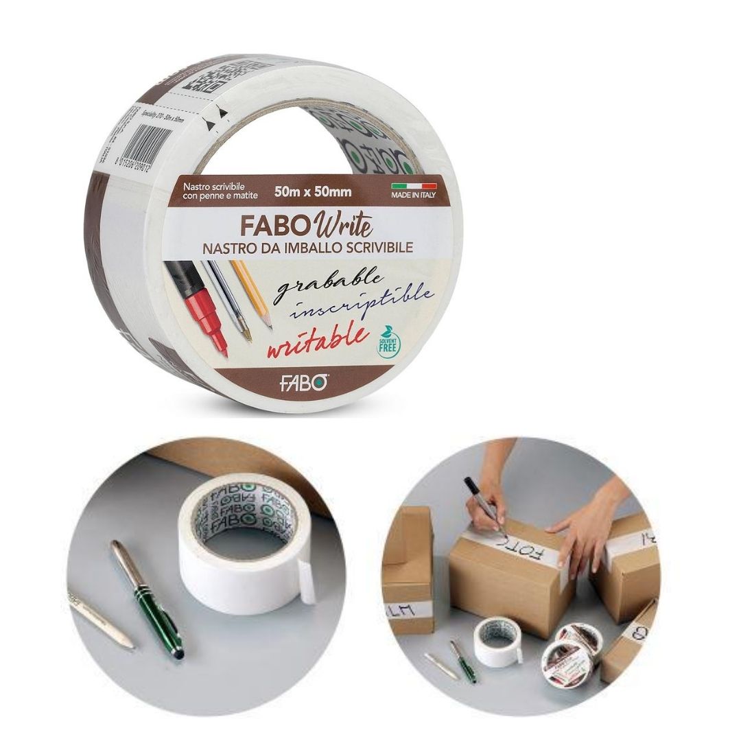 Nastro da imballo scrivibile, mostrato nel suo rotolo e all'uso